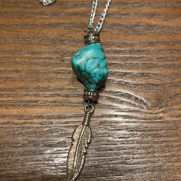 Long Silver And Turquoise Drop Dangle Necklace 24" ONE OF A KIND HANDMADE NWOT - Picture 3 of 6